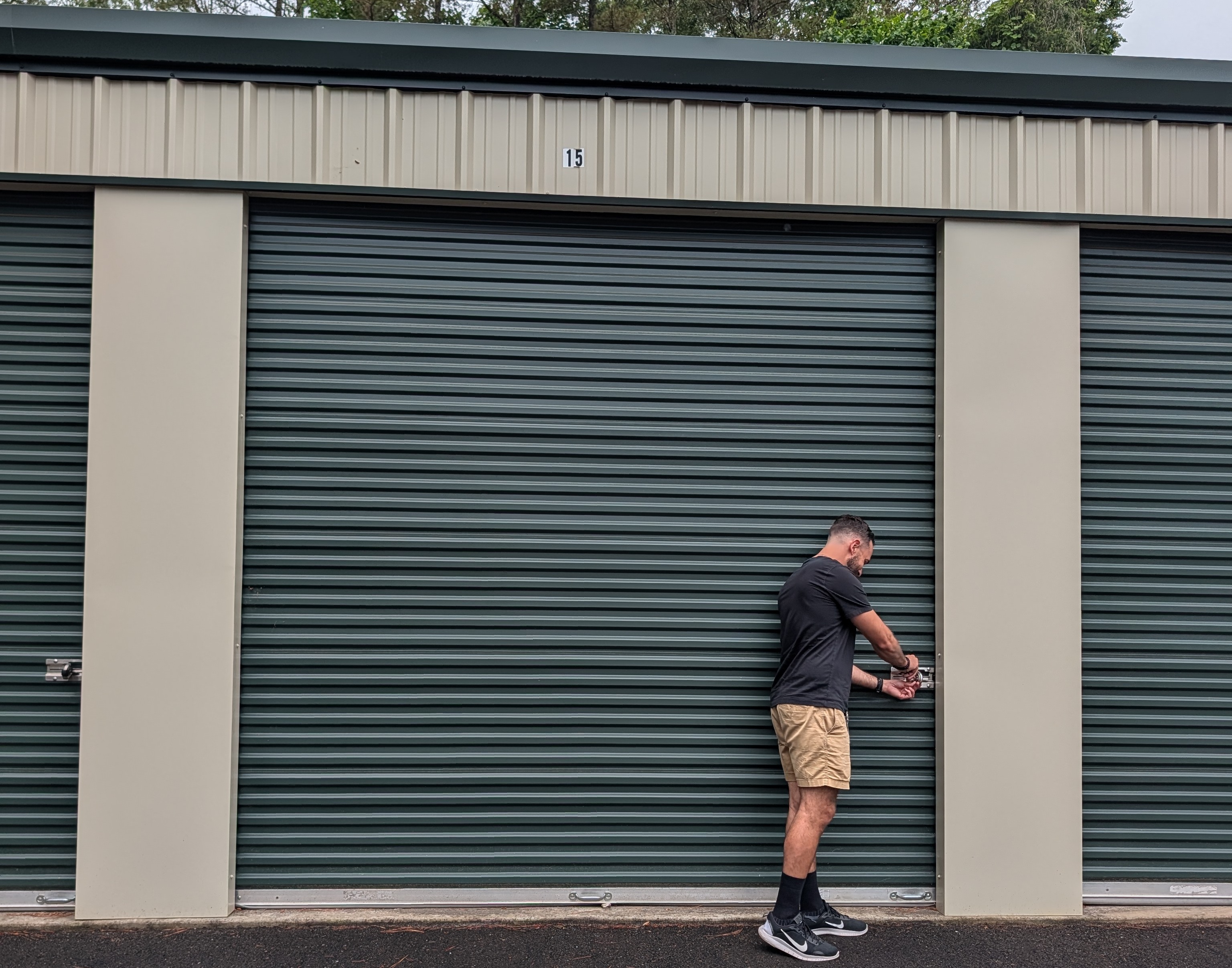 Large enclosed garage storage unit at Eagle Guard Storage in Marble Hill, GA featuring oversized roll-up doors for RV, boat, vehicle, and contractor storage.
